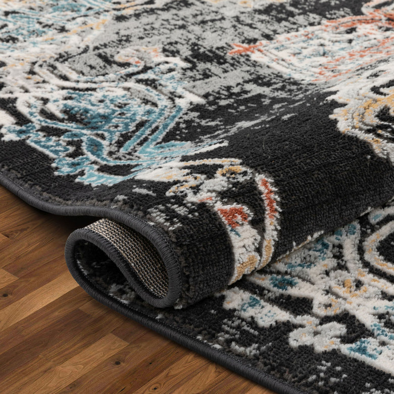Maura Bohemian Vintage Medallion Oriental Black Rug IND-33