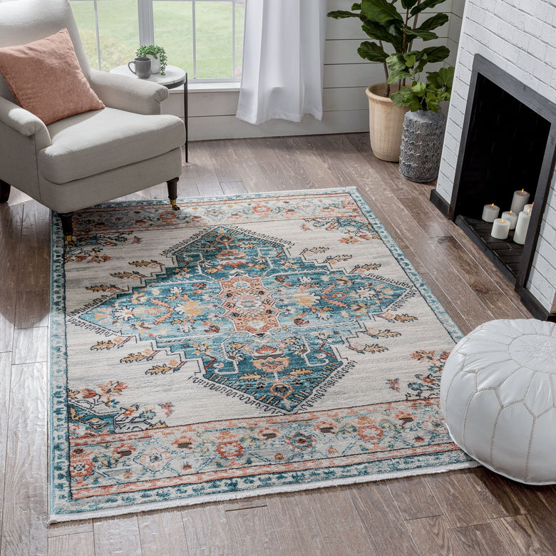 Manor Vintage Bohemian Medallion Oriental Blue Rug IND-56