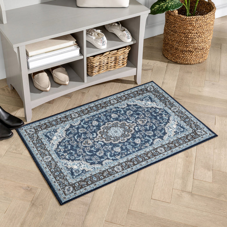 Gene Traditional Medallion Persian Blue Non-Slip Machine Washable Low Pile Indoor/Outdoor Rug KC-174