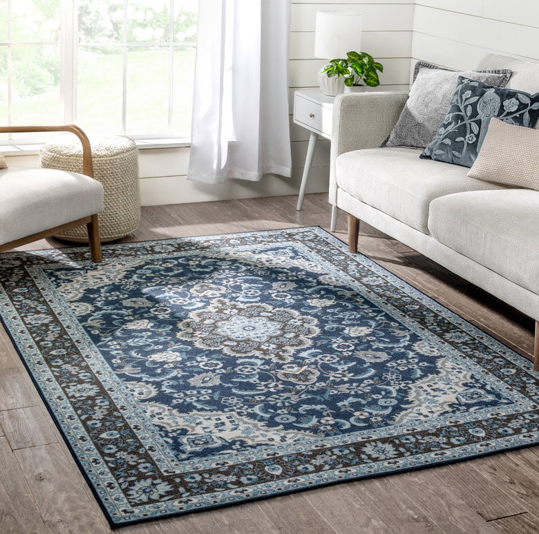 Gene Traditional Medallion Persian Blue Non-Slip Machine Washable Low Pile Indoor/Outdoor Rug KC-174