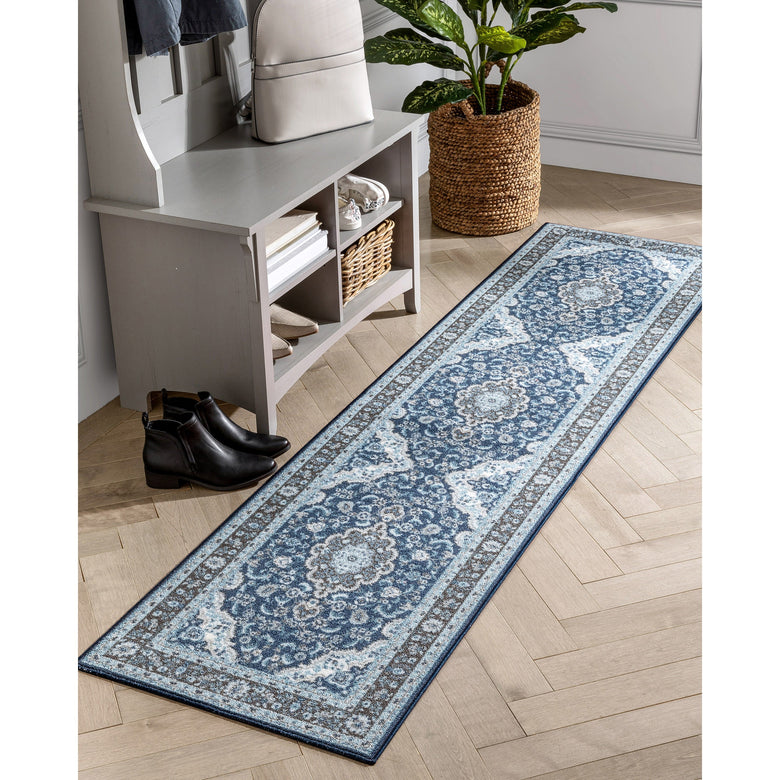 Gene Traditional Medallion Persian Blue Non-Slip Machine Washable