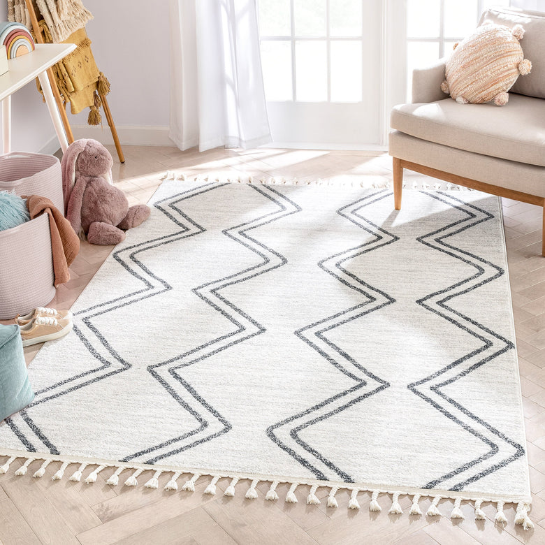 Reeve Modern Chevron Zig-Zag Grey Ivory Kids Rug KEN-37