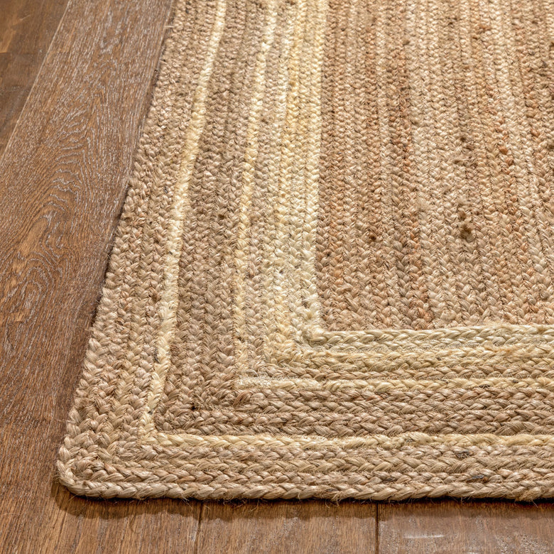 Border Pattern Contemporary White & Natural Color Hand-Braided Basket Weave Jute Rug LAR-22