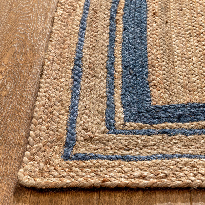 Border Pattern Contemporary Blue & Natural Color Hand-Braided Basket Weave Jute Rug LAR-24