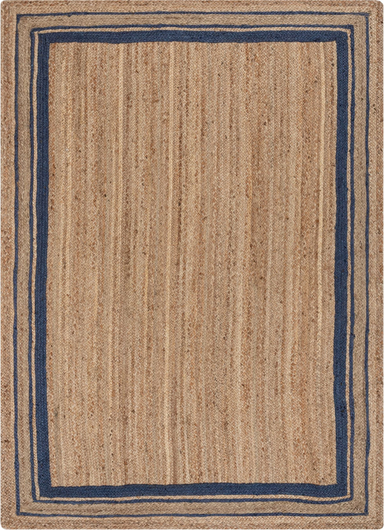 Border Pattern Contemporary Blue & Natural Color Hand-Braided Basket Weave Jute Rug LAR-24