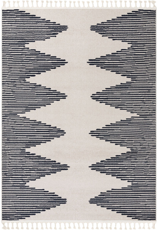 Zipped Tribal Aztec Geometric Ivory & Navy Blue Kilim-Style Rug LDL-12