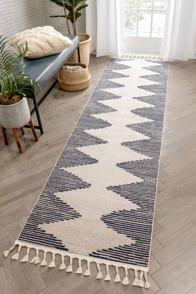 Zipped Tribal Aztec Geometric Ivory & Navy Blue Kilim-Style Rug LDL-12