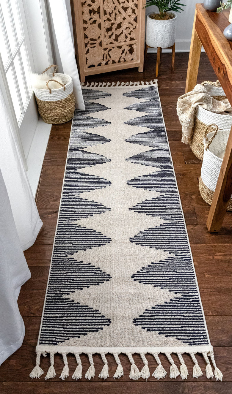 Zipped Tribal Aztec Geometric Ivory & Navy Blue Kilim-Style Rug LDL-12