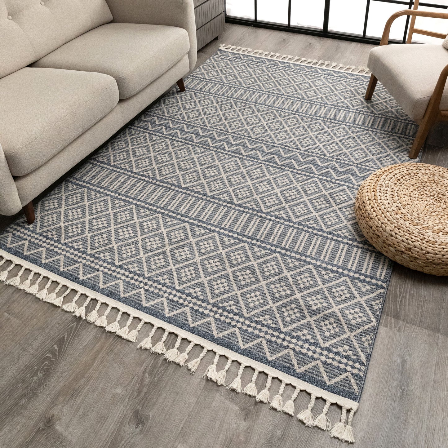 Covina Tribal Geometric Diamond Denim Blue Kilim-Style Rug LDL-86