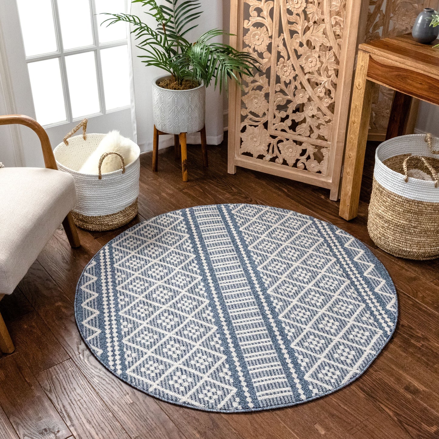 Covina Tribal Geometric Diamond Denim Blue Kilim-Style Rug LDL-86