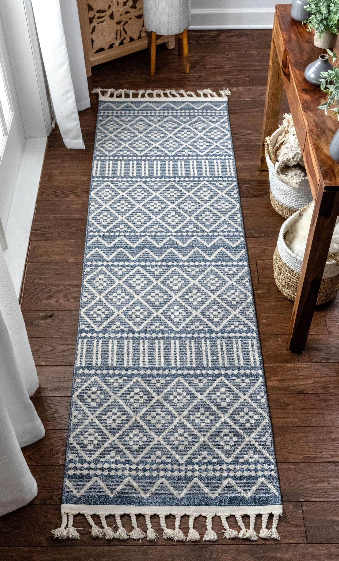 Covina Tribal Geometric Diamond Denim Blue Kilim-Style Rug LDL-86