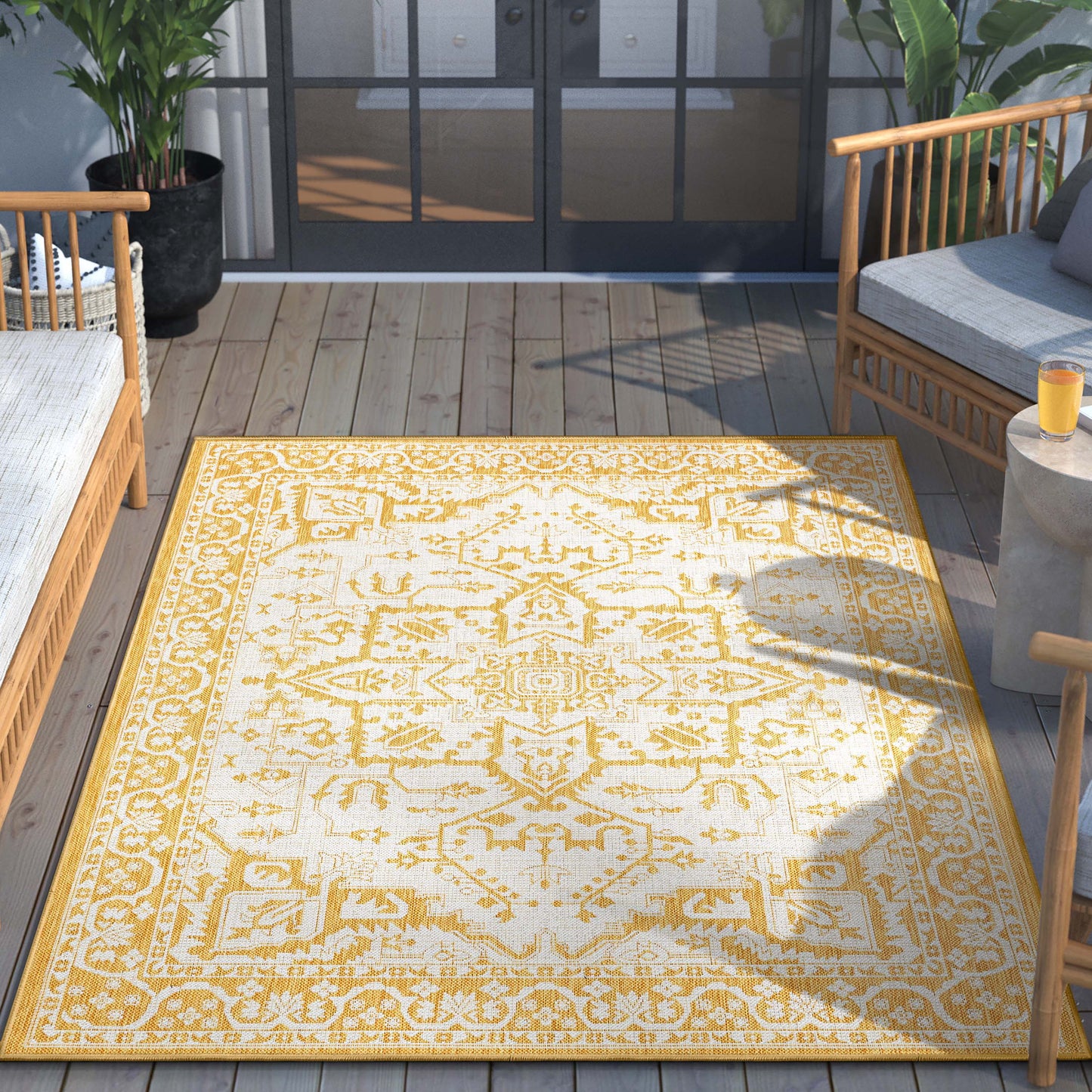 Celesine Oriental Medallion Indoor/Outdoor Yellow Flat-Weave Rug LIA-191