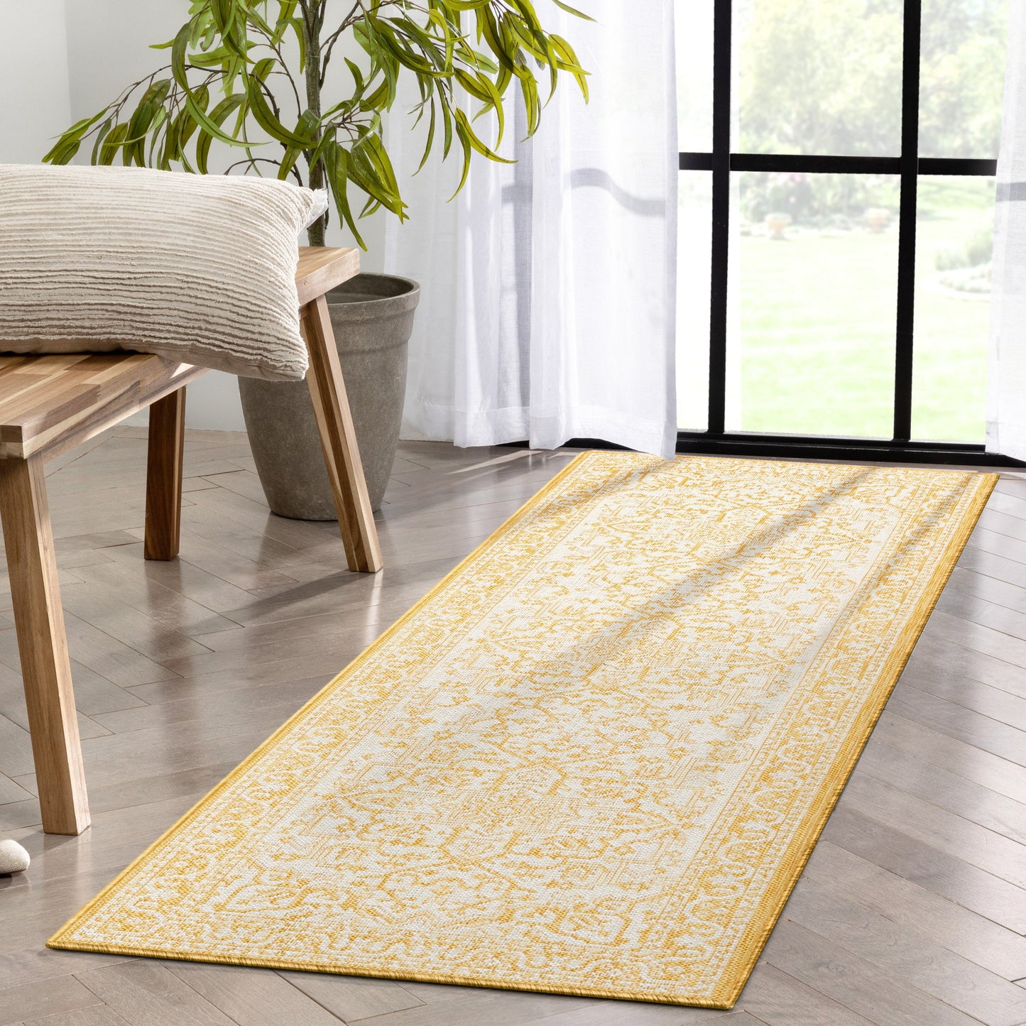 Celesine Oriental Medallion Indoor/Outdoor Yellow Flat-Weave Rug LIA-191