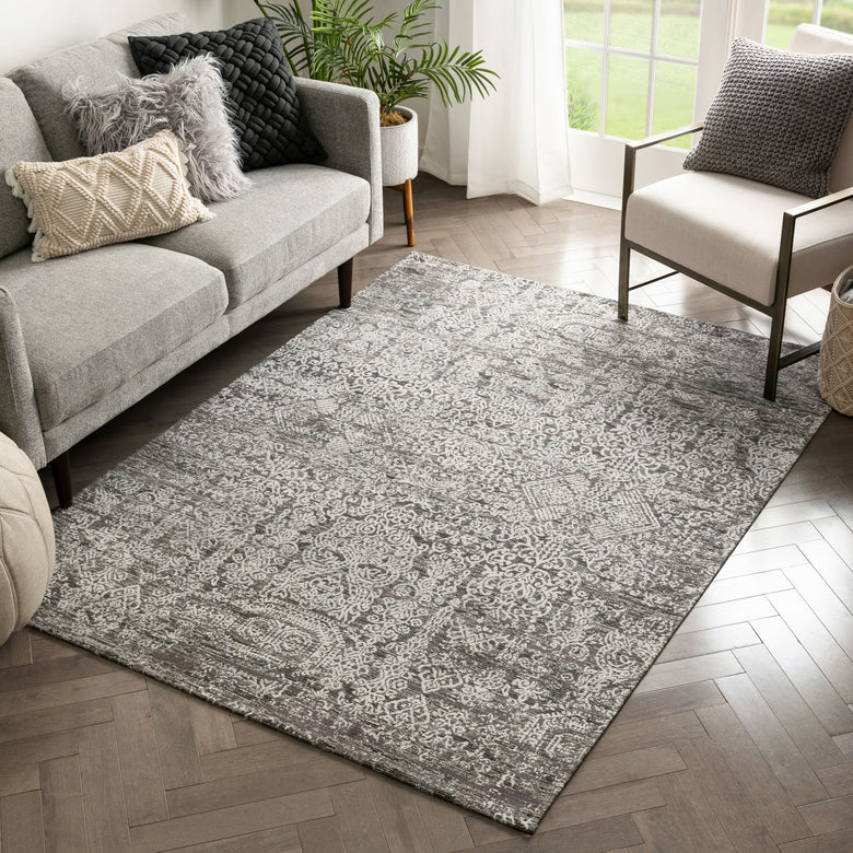 Cantu Vintage Distressed Damask Pattern Black Kilim-Style Rug LL-37