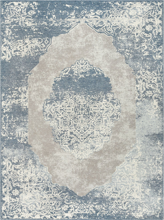 Vasto Vintage Distressed Medallion Blue Kilim-Style Rug LL-44