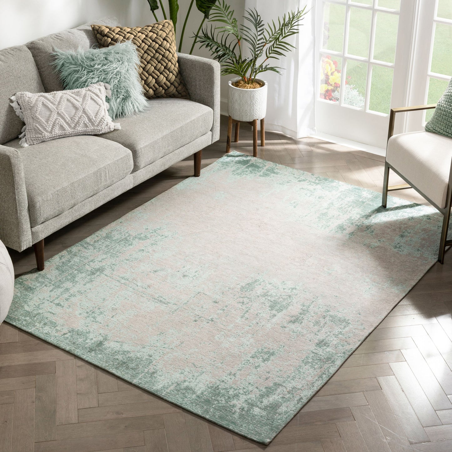 Sarno Modern Distressed Abstract Light Grey & Blue Kilim-Style Rug LL-66