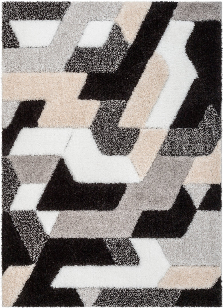 Orem Geometric Pattern Shag Grey Black 3D Textured Rug LOG-47