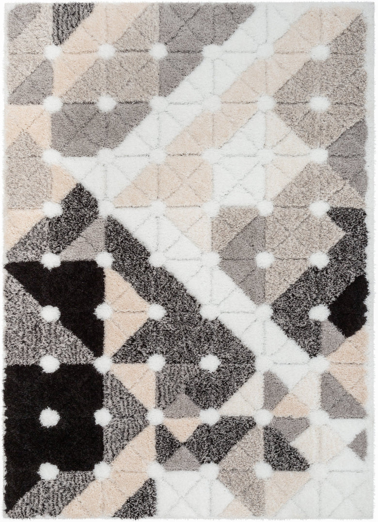 Riverton Geometric Pattern Shag Ivory Grey 3D Textured Rug LOG-52