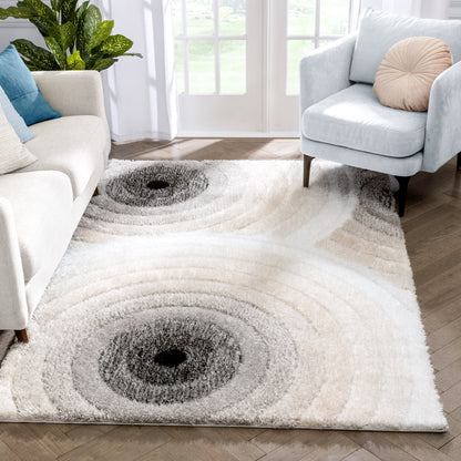 Edina Geometric Circles Shag Ivory Grey 3D Textured Rug LOG-72