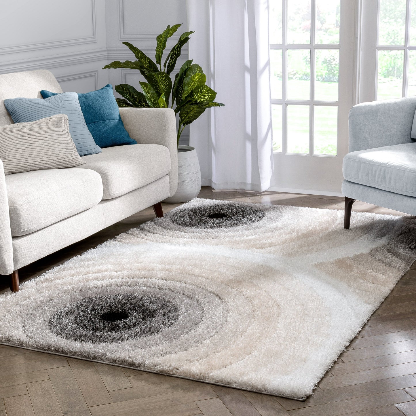 Edina Geometric Circles Shag Ivory Grey 3D Textured Rug LOG-72