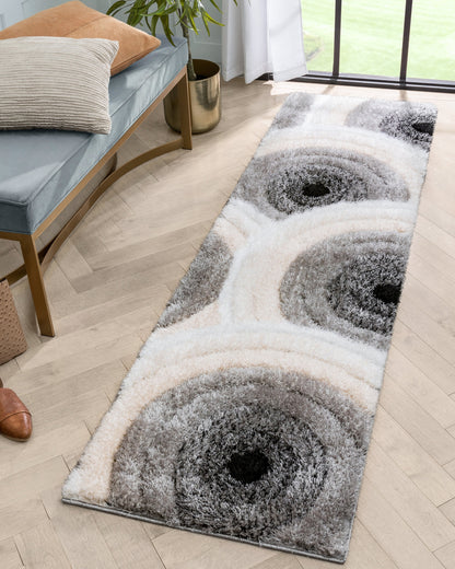 Edina Geometric Circles Shag Ivory Grey 3D Textured Rug LOG-72