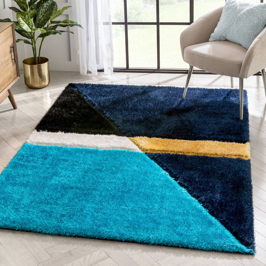 Mori Modern Abstract Geometric 3D Textured Shag Blue Yellow Rug LOL-14