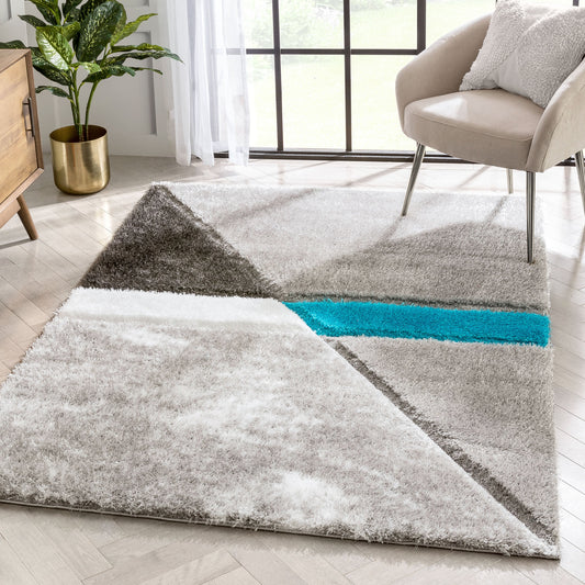 Mori Modern Abstract Geometric 3D Textured Shag Grey Blue Rug LOL-17