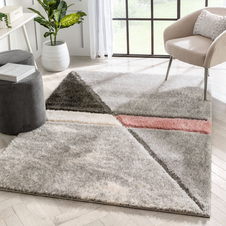 Mori Modern Abstract Geometric 3D Textured Shag Pink Grey Rug LOL-19