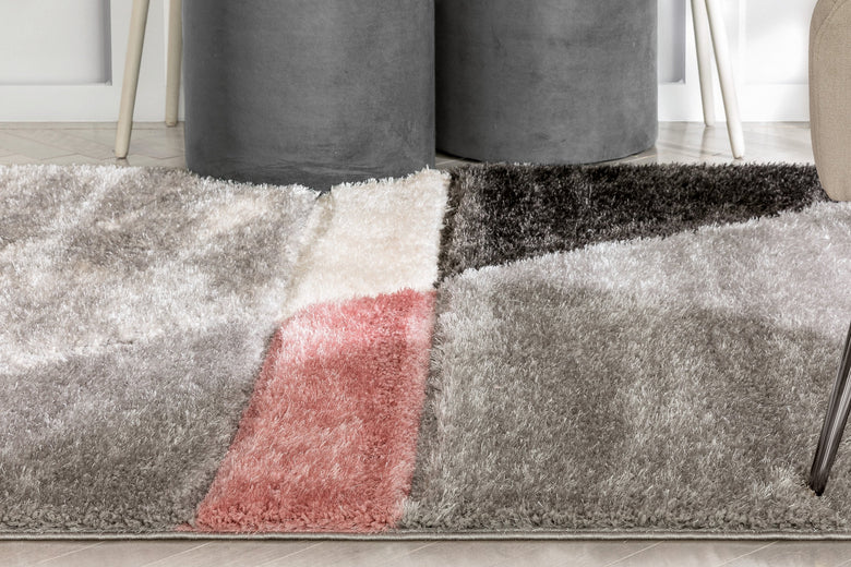 Mori Modern Abstract Geometric 3D Textured Shag Pink Grey Rug LOL-19