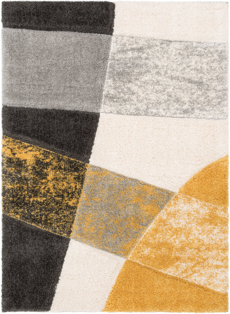 Remi Contemporary Geometric Boxes 3D Textured Shag Yellow Grey Rug LOL-21