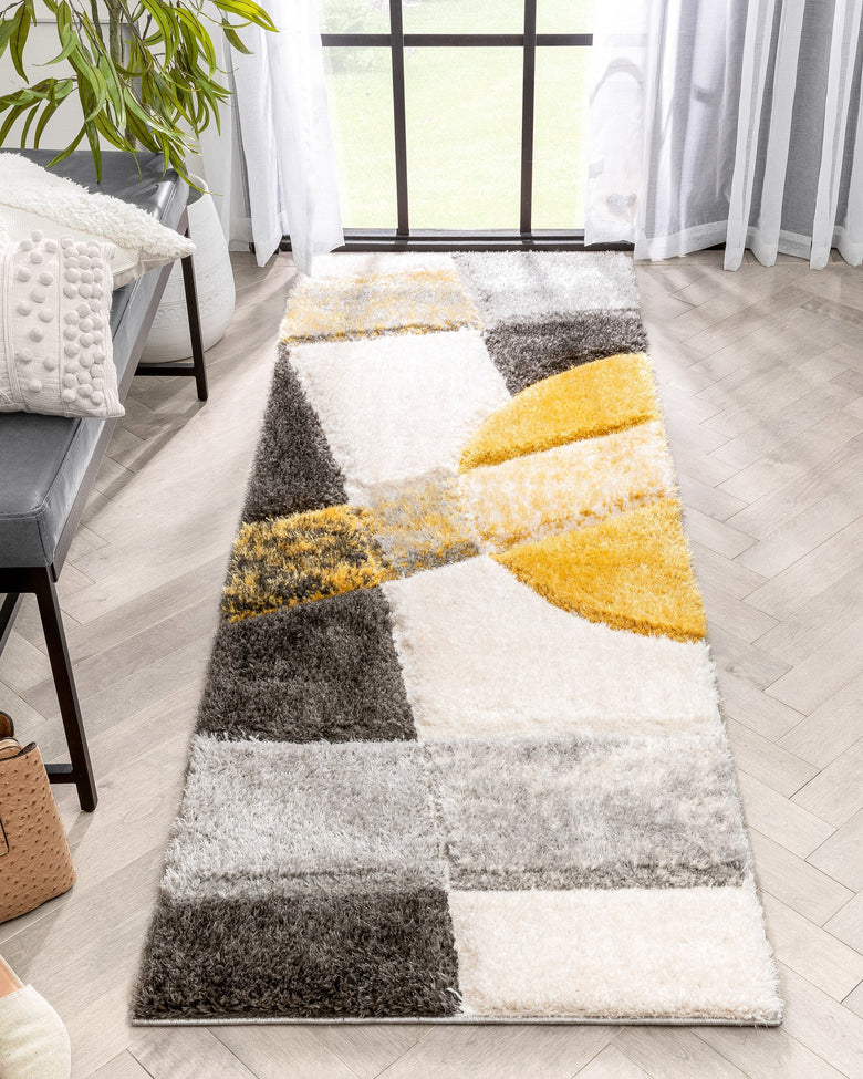 Remi Contemporary Geometric Boxes 3D Textured Shag Yellow Grey Rug LOL-21
