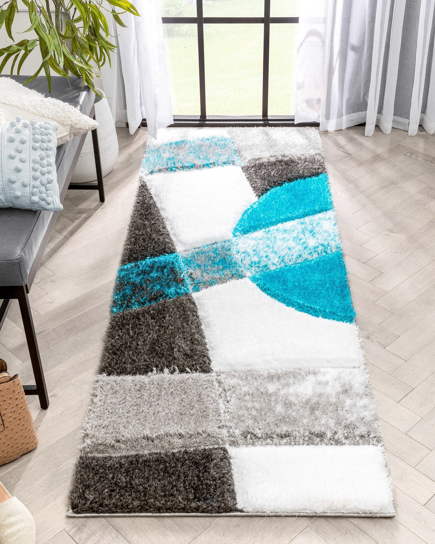 Remi Contemporary Geometric Boxes 3D Textured Shag Teal Grey Rug LOL-26