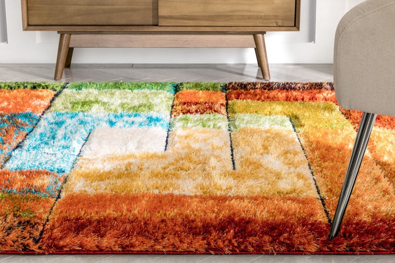 Kenzo Retro Geometric Pattern 3D Textured Shag Multi Rug LOL-30