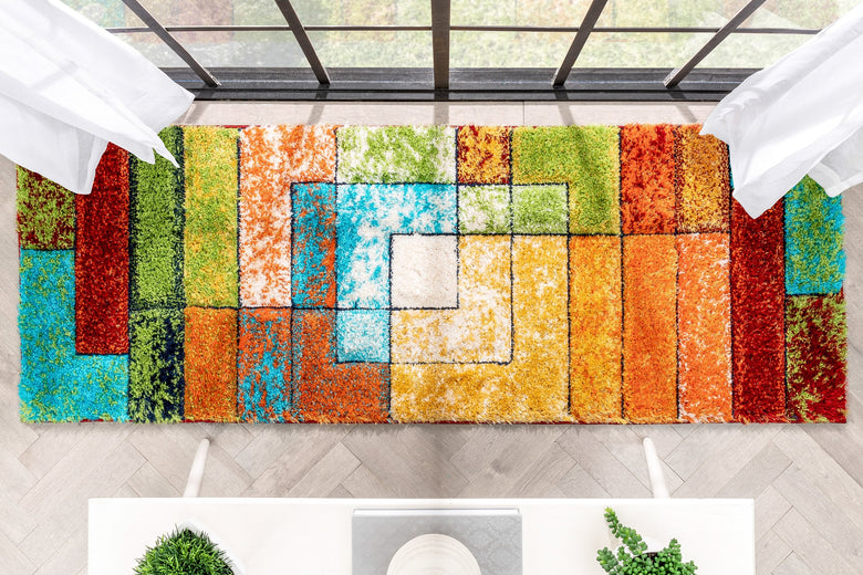 Kenzo Retro Geometric Pattern 3D Textured Shag Multi Rug LOL-30