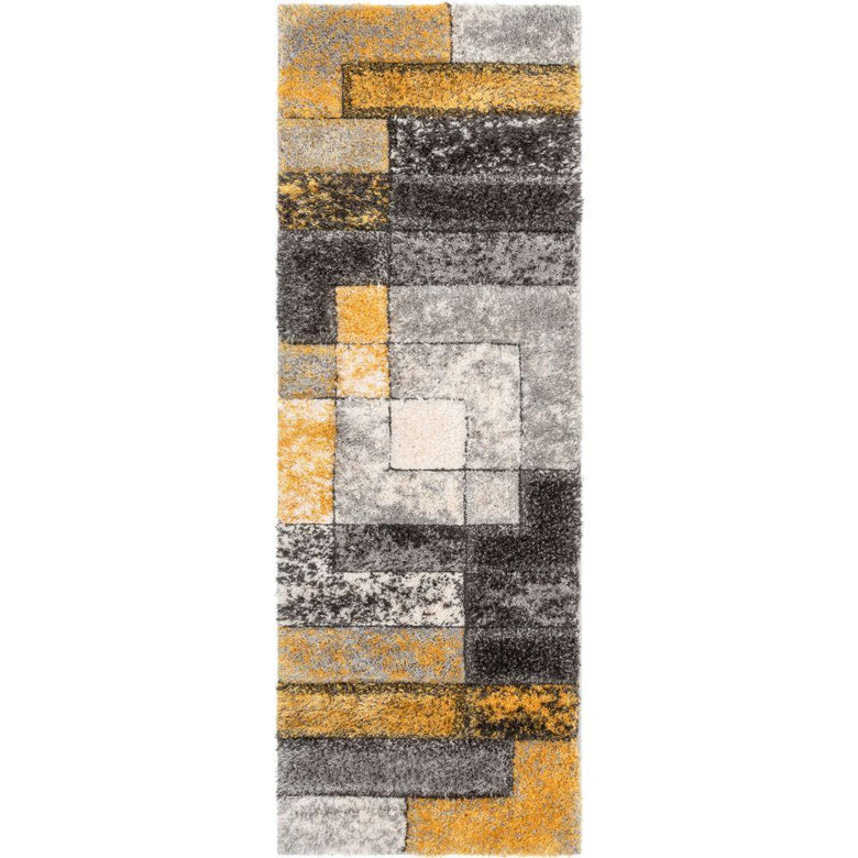 Kenzo Retro Geometric Pattern 3D Textured Shag Yellow Grey Rug LOL-31