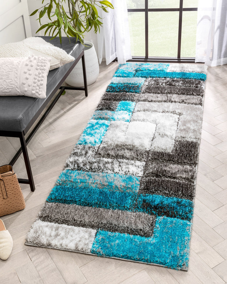 Kenzo Retro Geometric Pattern 3D Textured Shag Teal Grey Rug LOL-36
