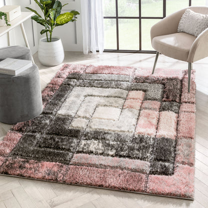 Kenzo Retro Geometric Pattern 3D Textured Shag Pink Grey Rug LOL-39