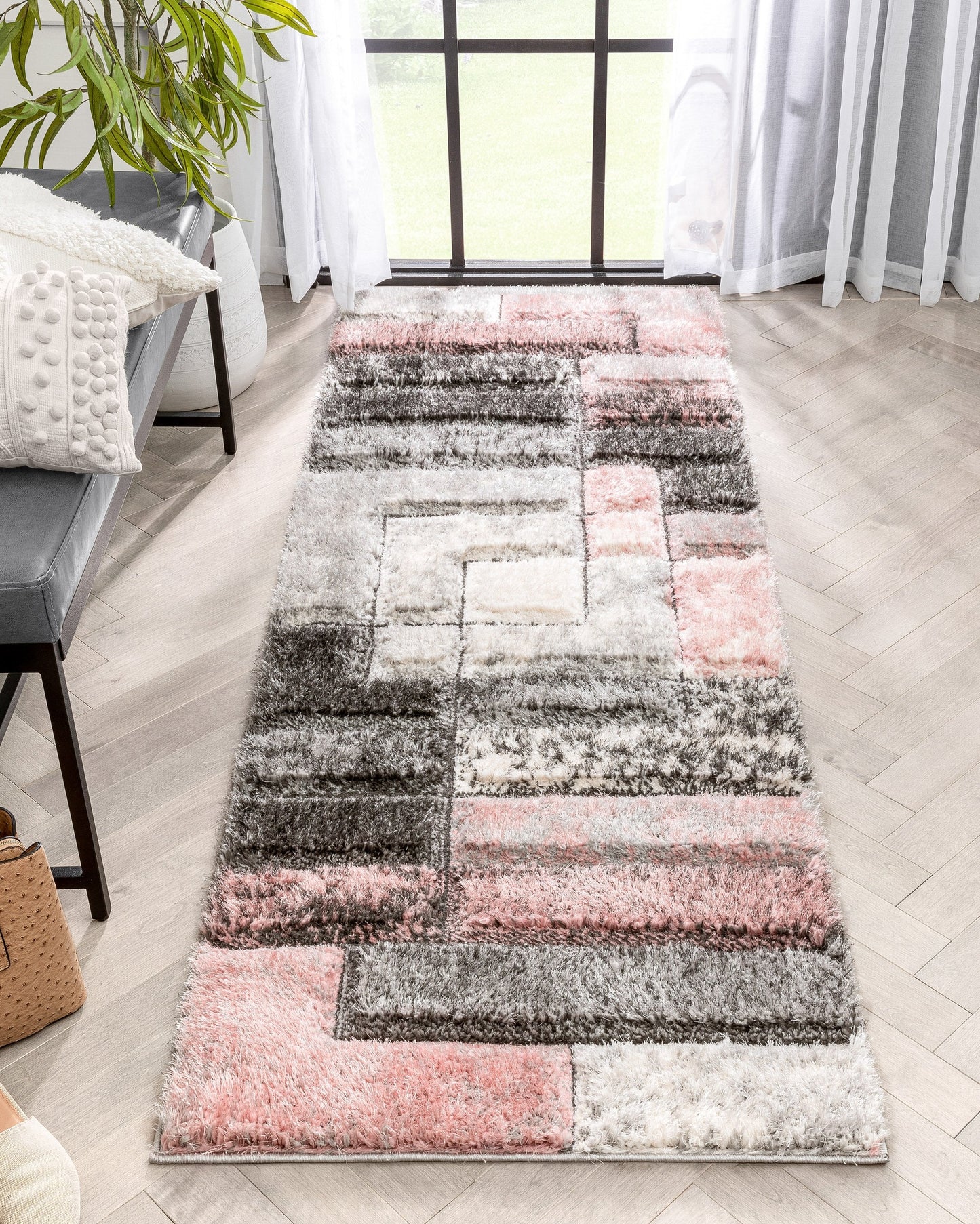 Kenzo Retro Geometric Pattern 3D Textured Shag Pink Grey Rug LOL-39