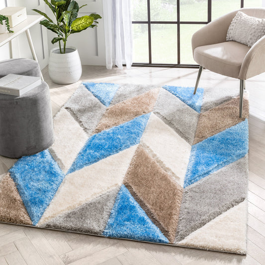 Mika Retro Chevron 3D Textured Shag Grey Light Blue Rug LOL-47