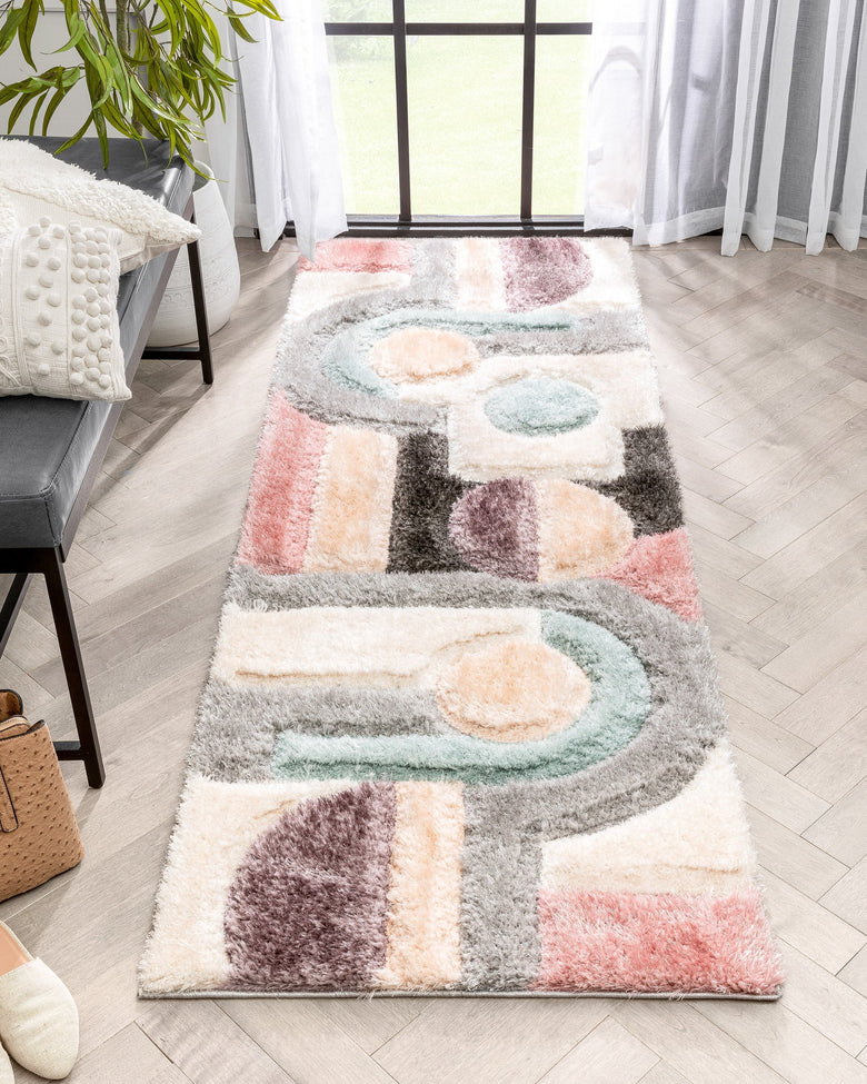 Remi Modern Geometric Stripes 3D Textured Shag Grey Purple Rug LOL-57