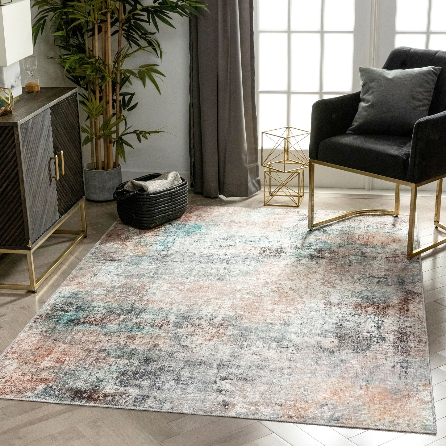 Amesti Machine Washable Contemporary Distressed Abstract Light Blue Flat-Weave Distressed Rug LOT-136