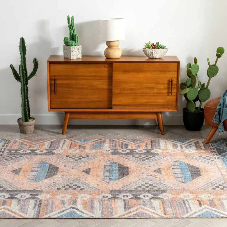 Boron Machine Washable Vintage Gabbeh Geometric Pattern Blush Pink Flat-Weave Distressed Rug LOT-142