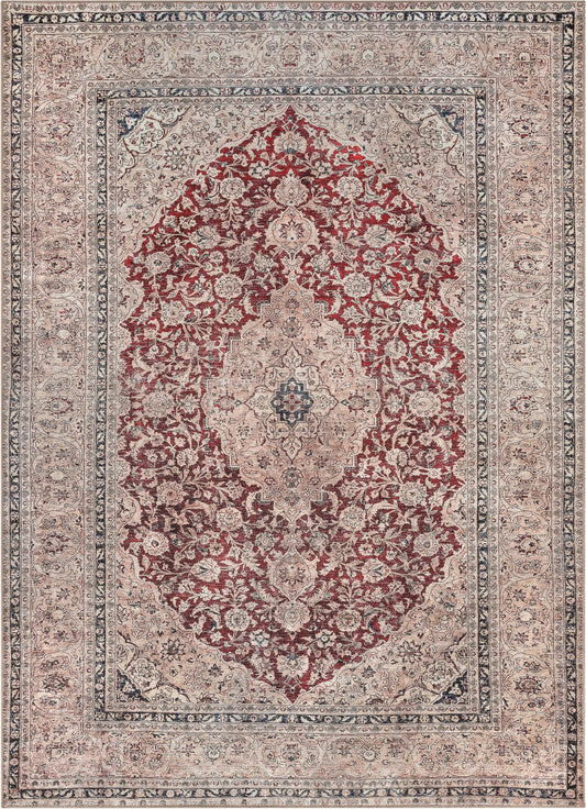 Tonti Machine Washable Vintage Medallion Oriental Red Flat-Weave Distressed Rug LOT-170