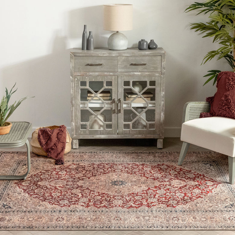 Tonti Machine Washable Vintage Medallion Oriental Red Flat-Weave Distressed Rug LOT-170