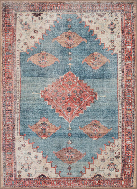 Towne Machine Washable Vintage Medallion Persian Terra Blue Flat-Weave Distressed Rug LOT-210