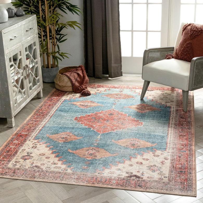 Towne Machine Washable Vintage Medallion Persian Terra Blue Flat-Weave Distressed Rug LOT-210