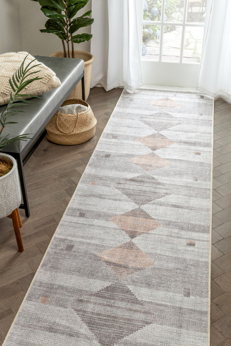 Argonne Machine Washable Vintage Southwestern Diamond Pattern Grey Flat-Weave Distressed Rug LOT-232