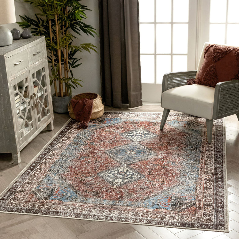 Menda Machine Washable Vintage Bohemian Meallion Oriental Blush Flat-Weave Distressed Rug LOT-30