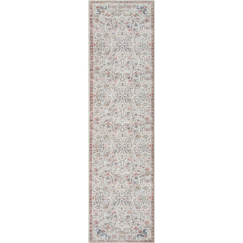 Pomona Machine Washable Vintage Medallion Botanical Border Ivory Flat-Weave Distressed Rug LOT-62