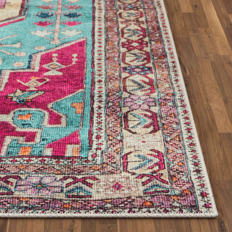 Shasta Machine Washable Vintage Bohemian Medallion Persian Blush Turquoise Flat-Weave Distressed Rug LOT-79